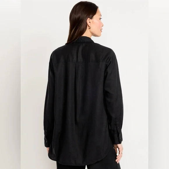 🆕 Old Navy Women's Linen-Blend Loose Button-Down Shirt Black Jack L 12-14 - Picture 2 of 13